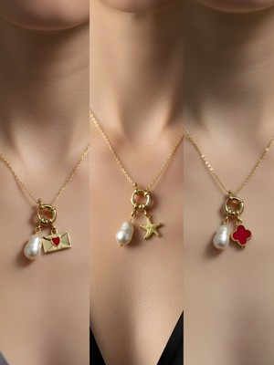 NKT Collection Kırmızı Yonca Deniz Yıldızı Ay Güneş Incili Kolye