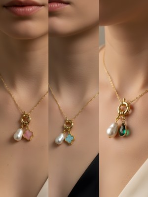 NKT Collection Zümrüt Yeşili Damla Turkuaz Yonca Pembe Yonca Incili Kolye