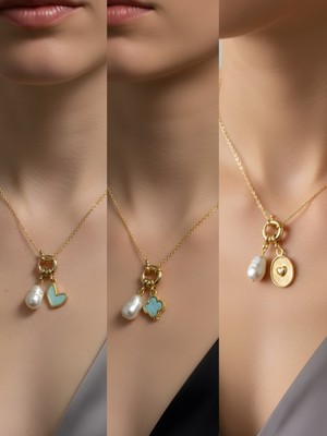 NKT Collection Kabartma Kalp Turkuaz Yonca Turkuaz Kalp Incili Kolye