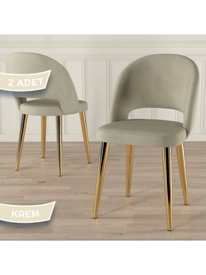 Canisa Pane Serisi 2 Adet Krem Mutfak Sandalyesi Babyface Kumaş Gold Kaplama Ayak