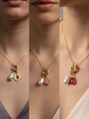 NKT Collection Kırmızı Damla Pembe Yonca Kalpli Zarf Incili Kolye