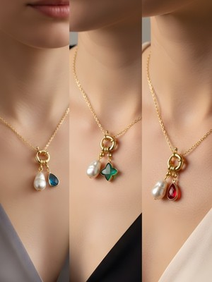 NKT Collection Kırmızı Damla Turkuaz Damla Zümrüt Yeşili Yıldız Incili Kolye