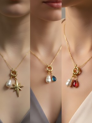 NKT Collection Kırmızı Damla Turkuaz Damla Kutup Yıldızı Incili Kolye