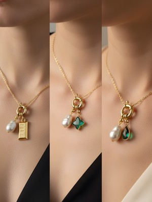 NKT Collection Zümrüt Yeşili Damla Zümrüt Yeşili Yıldız Külçe Altın Incili Kolye