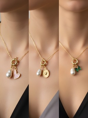 NKT Collection Zümrüt Yeşili Kelebek Kabartma Kalp Deniz Kabuğu Incili Kolye