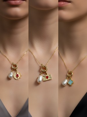 NKT Collection Turkuaz Yonca Kalpli Zarf Turkuaz Kalp Incili Kolye