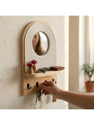 Aynalı Ahşap Duvar Hol Anahtar Askısı, Minimalist Dekoratif Modern Anahtarlık