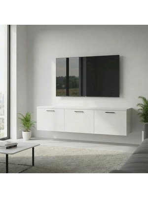Duvar Tipi Tv Ünitesi, 3 Kapaklı Bölmeli, Modern Tasarım (Beyaz, 180 * 30 * 30 Cm)