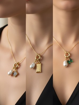 NKT Collection Zümrüt Yeşili Kelebek Külçe Altın Deniz Yıldızı Incili Kolye