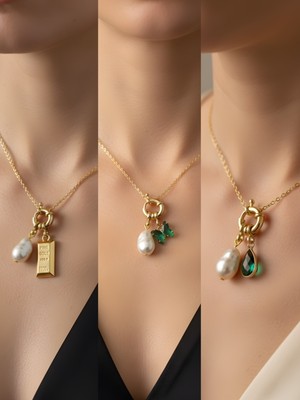 NKT Collection Zümrüt Yeşili Kelebek Zümrüt Yeşili Damla Külçe Altın Incili Kolye