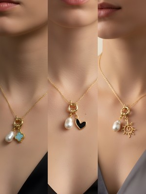 NKT Collection Güneş Siyah Kalp Turkuaz Yonca Incili Kolye