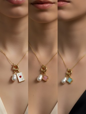 NKT Collection Turkuaz Yonca Pembe Yonca Beyaz Yonca Incili Kolye