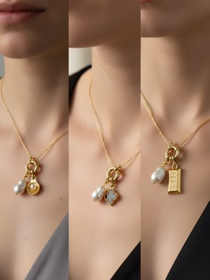 NKT Collection Külçe Altın Siyah Yonca Kutup Yıldızı Incili Kolye