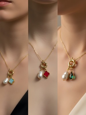 NKT Collection Zümrüt Yeşili Damla Kırmızı Yonca Turkuaz Yonca Incili Kolye