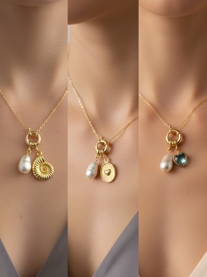 NKT Collection Turkuaz Kalp Kabartma Kalp Deniz Kabuğu Incili Kolye