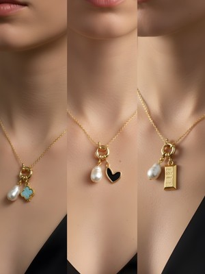 NKT Collection Siyah Kalp Külçe Altın Turkuaz Yonca Incili Kolye