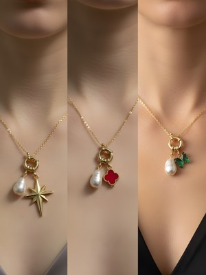 NKT Collection Zümrüt Yeşili Kelebek Kırmızı Yonca Kalpli Zarf Incili Kolye