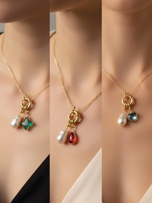 NKT Collection Kırmızı Damla Turkuaz Kalp Zümrüt Yeşili Yıldız Incili Kolye