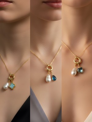 NKT Collection Turkuaz Kalp Turkuaz Damla Deniz Yıldızı Incili Kolye