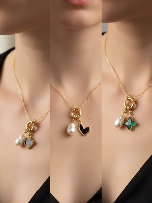 NKT Collection Zümrüt Yeşili Yıldız Siyah Kalp Siyah Yonca Incili Kolye