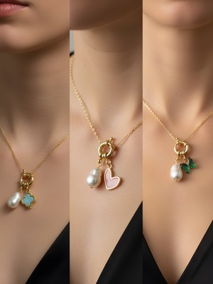 NKT Collection Zümrüt Yeşili Kelebek Pembe Kalp Pembe Yonca Incili Kolye