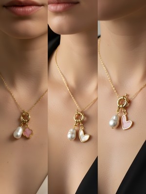 NKT Collection Pembe Kalp Beyaz Kalp Midye Incili Kolye