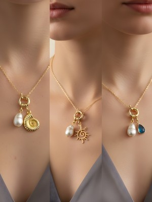 NKT Collection Turkuaz Damla Güneş Deniz Kabuğu Incili Kolye