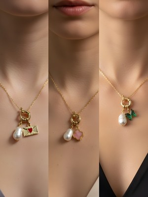 NKT Collection Zümrüt Yeşili Kelebek Pembe Yonca Kalpli Zarf Incili Kolye