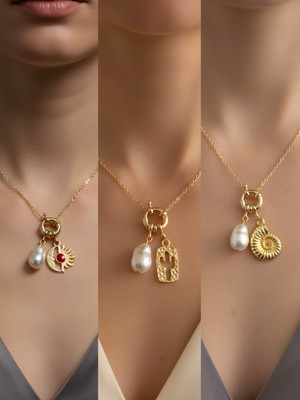 NKT Collection Deniz Kabuğu Kaktüs Turkuaz Kalp Incili Kolye