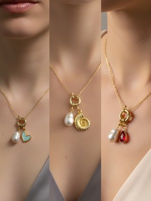 NKT Collection Kırmızı Damla Deniz Kabuğu Turkuaz Kalp Incili Kolye