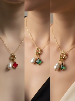 NKT Collection Zümrüt Yeşili Damla Zümrüt Yeşili Yıldız Kırmızı Yonca Incili Kolye