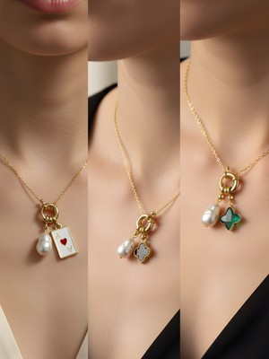 NKT Collection Zümrüt Yeşili Yıldız Siyah Yonca Kupa As Incili Kolye