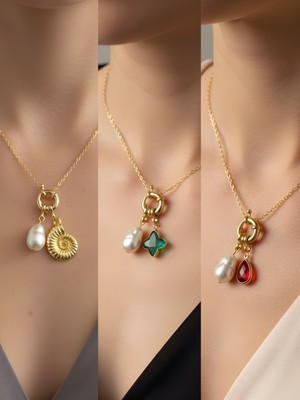 NKT Collection Kırmızı Damla Zümrüt Yeşili Yıldız Deniz Kabuğu Incili Kolye