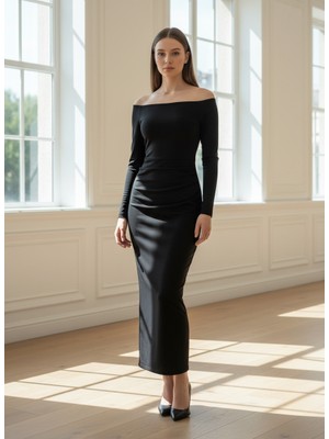 Sagre&Sisters Madonna Yaka Beli Büzgülü Uzun Siyah Elbise