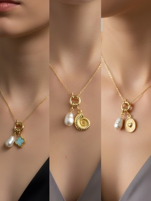 NKT Collection Kabartma Kalp Deniz Kabuğu Turkuaz Yonca Incili Kolye