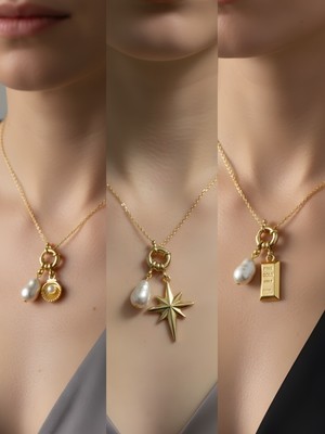 NKT Collection Külçe Altın Midye Kalpli Zarf Incili Kolye