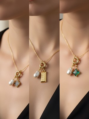 NKT Collection Zümrüt Yeşili Yıldız Külçe Altın Siyah Yonca Incili Kolye