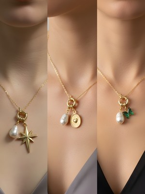 NKT Collection Zümrüt Yeşili Kelebek Kabartma Kalp Kalpli Zarf Incili Kolye