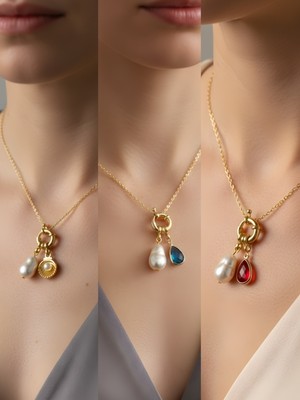 NKT Collection Kırmızı Damla Turkuaz Damla Midye Incili Kolye