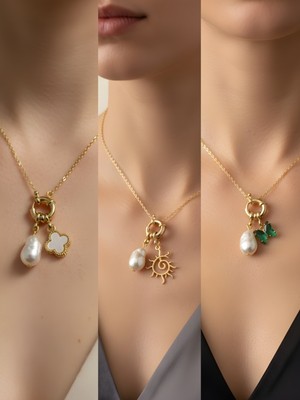 NKT Collection Zümrüt Yeşili Kelebek Kabartma Kalp Pembe Kalp Incili Kolye