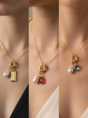 NKT Collection Kırmızı Damla Turkuaz Kalp Külçe Altın Incili Kolye