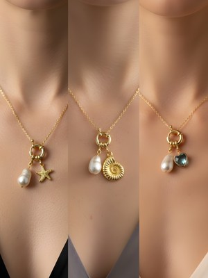 NKT Collection Turkuaz Kalp Deniz Kabuğu Deniz Yıldızı Incili Kolye