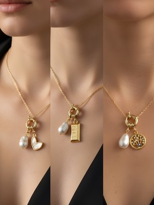 NKT Collection Hayat Ağacı Beyaz Kalp Külçe Altın Incili Kolye