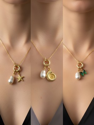 NKT Collection Zümrüt Yeşili Kelebek Deniz Kabuğu Turkuaz Yonca Incili Kolye