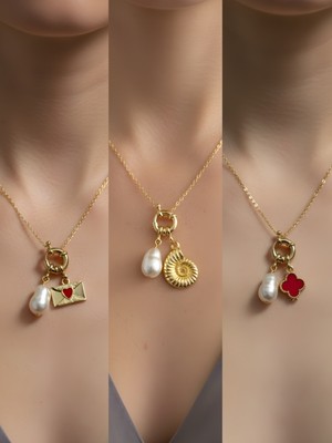 NKT Collection Deniz Kabuğu Kırmızı Yonca Ay Güneş Incili Kolye