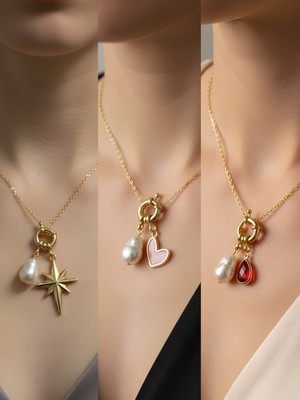 NKT Collection Kırmızı Damla Pembe Kalp Kutup Yıldızı Incili Kolye