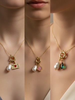 NKT Collection Zümrüt Yeşili Damla Pembe Yonca Kalpli Zarf Incili Kolye