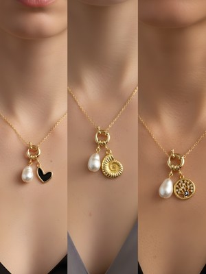 NKT Collection Hayat Ağacı Deniz Kabuğu Siyah Kalp Incili Kolye