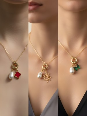 NKT Collection Zümrüt Yeşili Kelebek Güneş Siyah Yonca Incili Kolye