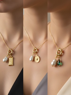 NKT Collection Zümrüt Yeşili Damla Kabartma Kalp Külçe Altın Incili Kolye